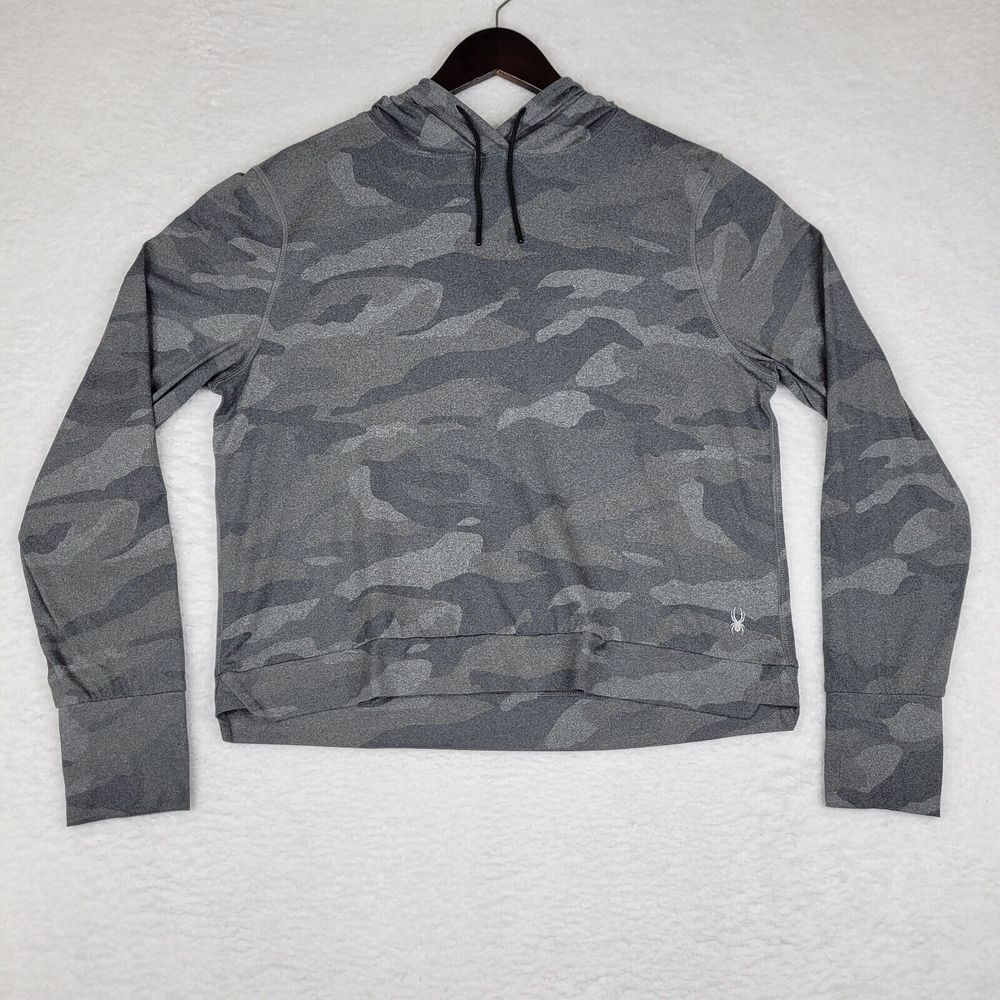 Spyder Hoodie Womens Large Gray Camo Sweatshirt Cropped Long Sleeve Pullover‎